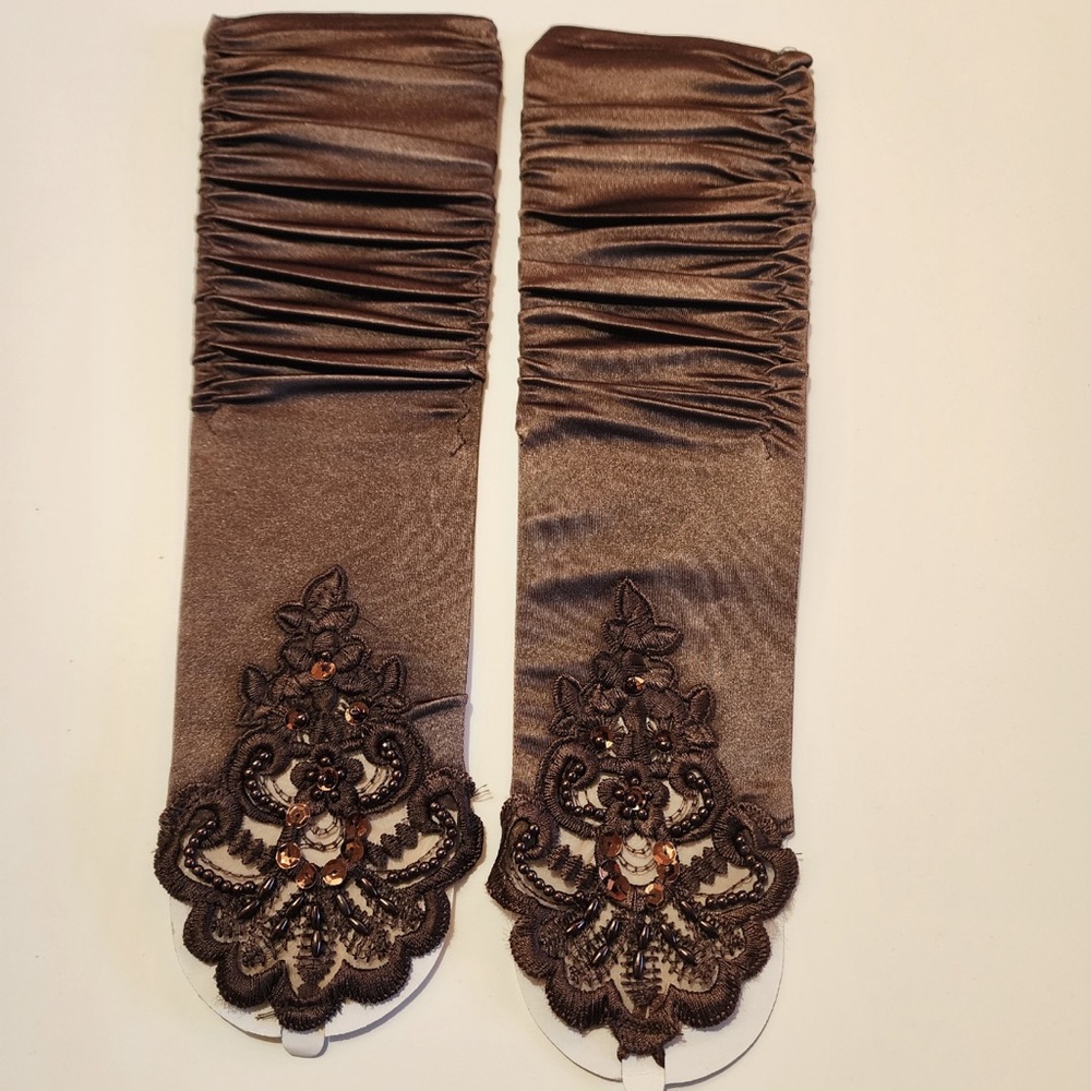 Rouched Luster Stretch Satin Fingerless Gloves Elbow Beaded Lace Finger Loop